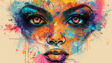 Poster - A painting showcasing a womans face adorned with a kaleidoscope of bright colors, invoking a sense of energy and vitality