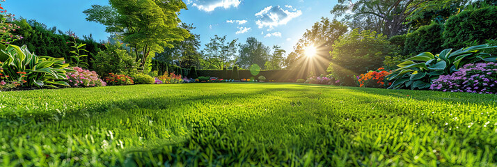 Poster - The sun casts a brilliant light over a vibrant green lawn, creating a mesmerizing display of warmth and vitality