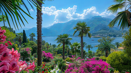Poster - A tranquil lake lies peacefully amidst a lush oasis of towering palm trees, creating a breathtaking and serene scene