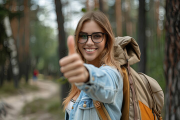 Wall Mural - Happy woman tourist with backpack shows thumb up on nature