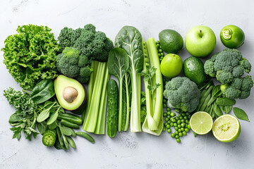 Poster - green fruits and vegetables arranged on a white table, showcasing the beauty and diversity of natures bounty