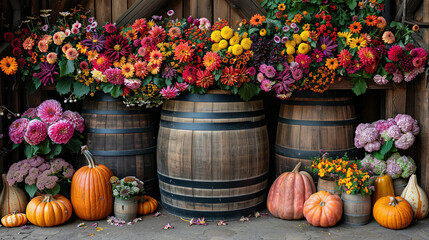 Poster - A variety of colorful flowers tightly packed inside a rustic wooden barrel, creating a vibrant and inviting display