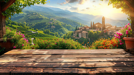 Sticker - A wooden table sits elegantly with a view of a quaint village in the distance, harmonizing the beauty of nature with the essence of human life