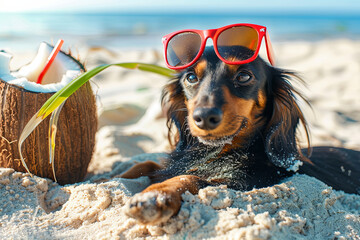 Cute dog of dachshund, black and tan, buried in the sand at the beach sea on summer vacation holidays, wearing red sunglasses with coconut cocktail