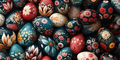 Aufkleber - Assortment of Hand-Painted Easter Eggs with Floral Patterns