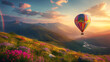 A colorful hot air balloon gracefully soars above a lush green hillside, amidst clear blue skies, showcasing a serene and picturesque scene