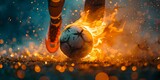 Fototapeta Natura - Close up of football or soccer player legs, running fast and kicking a burning ball in the flames. Concept of 2024 UEFA European Football Championship in Germany wide banner with copy space.