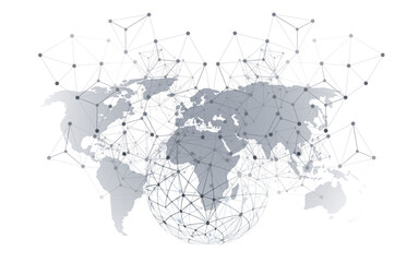 Poster - Black and White Global Networks Concept with World Map and Wire Frame - Digital Polygonal Network Connections, Science and Technology Background, Creative Design Template Isolated on White Background