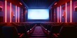 A spacious cinema hall with vibrant red seats and neon lighting, featuring a large blank screen ready for a movie projection.