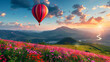 A majestic hot air balloon floats gracefully over a vibrant green hillside, casting a colorful shadow on the lush landscape below