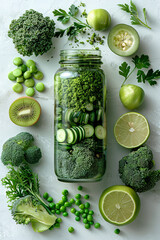 Poster - A glass jar brimming with an assortment of vibrant green vegetables, showcasing the diverse textures and shades of natures bounty