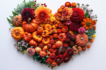 Poster - A heart-shaped display of vibrant flowers intertwined with pumpkins, creating a harmonious and whimsical fall decoration