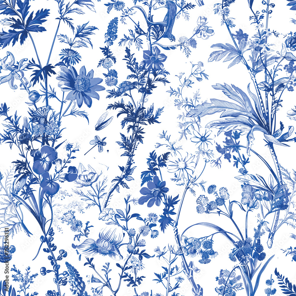 Toile De Jouy Vintage Floral Seamless Pattern Elegant Vector Graphics ...