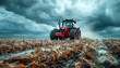 A powerful red tractor drives across a huge field under a dramatic stormy sky, ai technology