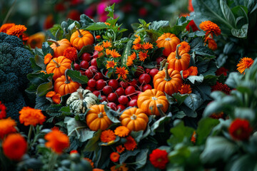 Aufkleber - A vibrant arrangement of orange and red flowers intertwine with fresh broccoli, creating a visually striking and colorful heart composition