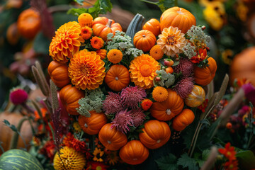Poster - A heart-shaped assembly of vibrant flowers entwined with ripe pumpkins, showcasing a blend of autumnal beauty and romantic charm