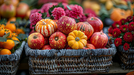 Poster - A collection of various baskets overflowing with an assortment of fresh, vibrant fruits such as apples, oranges, bananas, grapes, and berries
