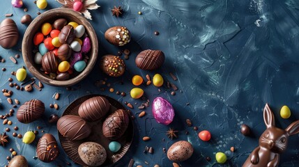 Wall Mural - Delicious chocolate easter eggs ,bunny and sweets on dark blue background