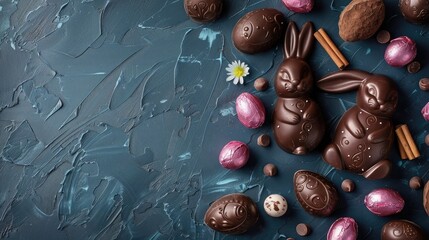 Wall Mural - Delicious chocolate easter eggs ,bunny and sweets on dark blue background