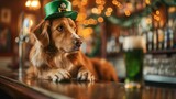 Fototapeta  - A dog in festive attire ready to celebrate saint patrick's day at the bar with a pint of green beer