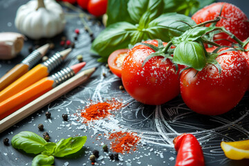 Poster - A colorful assortment of ripe tomatoes, assorted vegetables, and vibrant produce overflowing on a rustic wooden table with sketch