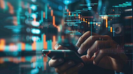Poster - Smart businessman typing financial data on mobile phone with futuristic stock chart graphic, Business investor stock exchange market and crypto currency digital technology ideas background