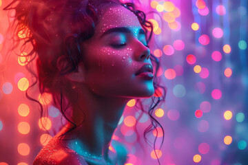 Poster - A woman singer stands with her eyes closed in front of colorful lights, lost in the music as she sways to an unseen rhythm
