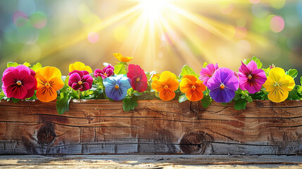 Aufkleber - A wooden box overflowing with vibrant, colorful flowers sits gracefully on a table, creating a stunning display of natures beauty