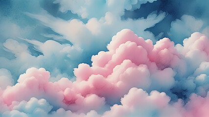 Sticker - Abstract blue wall background with watercolor cloud and sky. blue sky and natural white cloud. pink cloud sky on art graphics, blue wall christmas texture pattern background.