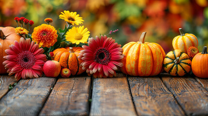 Poster - A bountiful display of colorful flowers and vibrant pumpkins covering a rustic wooden table