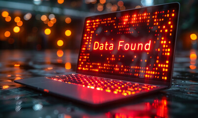 Poster - illuminated laptop screen displaying data found with a vibrant red binary code background in a dimly