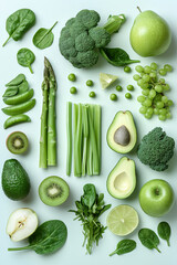 Poster - assorted green fruits vegetables laid out artfully on a pristine white surface, showcasing the beauty and freshness of natures produce