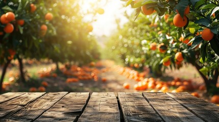 Wall Mural - Orange farm, Empty wood table with copy space, with orange tree