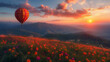 A majestic hot air balloon gracefully glides through the sky above a vibrant field of colorful flowers, creating a stunning and serene sight