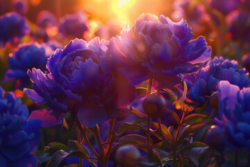 Poster - A vibrant field of purple peony flowers stretches as far as the eye can see, illuminated by the warm glow of the setting sun in the background