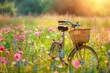 A charming bicycle, adorned with a wicker basket, standing in a lush spring meadow surrounded by a profusion of vibrant wildflowers.
