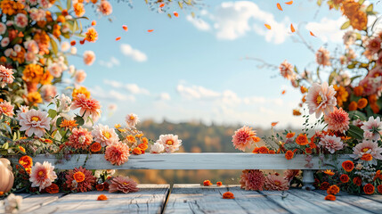 Wall Mural - A wooden table adorned with a colorful abundance of flowers in various shapes and sizes, creating a vibrant and whimsical display