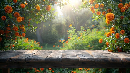 Aufkleber - A sturdy wooden table sits peacefully amidst the lush greenery of a dense forest, surrounded by towering trees and the sounds of nature