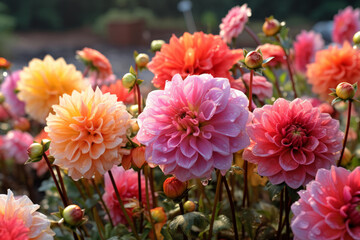 Canvas Print - A diverse array of vibrant dahlia flowers scattered throughout the lush green grass of a meadow, creating a colorful and harmonious scene