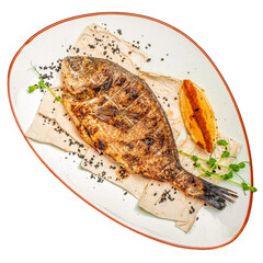 Wall Mural - Grilled dorado fish with lemon and parsley. Whole Bbq sea bream baked. Dorado grill isolated on white background. clipping path included