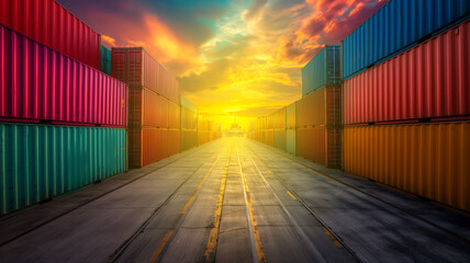 Wall Mural - Colourful cargo containers in a freight container terminal. Perspective view.