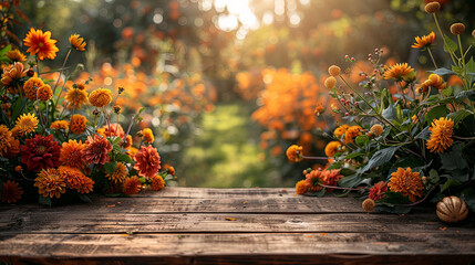 Aufkleber - A wooden table bursting with a colorful array of flowers in full bloom, creating a vibrant and fragrant display