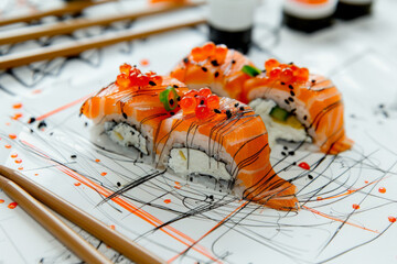 Poster - A delectable plate of colorful sushi rests elegantly next to a pair of sleek chopsticks on a wooden table