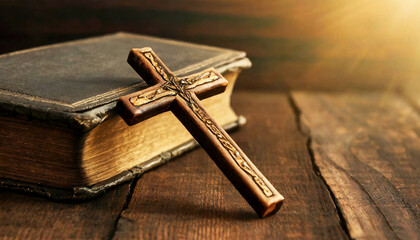 Wall Mural - Closeup of a wooden religious cross above an old Holy Bible, above an old wooden table with copy space. Concept of prayer and Christian religion. Generative Ai.