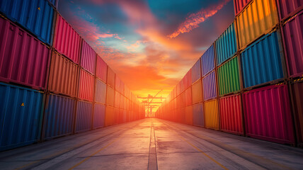 Wall Mural - Colourful cargo containers in a freight container terminal. Perspective view.