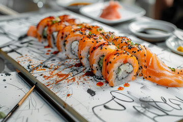 Poster - A vibrant plate of sushi sits on a wooden table, surrounded by delicate chopsticks ready to indulge in the flavors of the Japanese cuisine