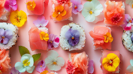 Aufkleber - A tantalizing display of fresh sushi juxtaposed with colorful blooms on a soft pink surface, creating a harmonious blend of textures and colors