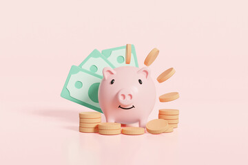 Sticker - 3D rendered illustration of money saving concept with piggy bank with banknotes and gold coins. For business, banking, deposit, income, success