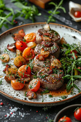 Poster - A beautifully arranged assortment of juicy meats and colorful vegetables adorning a clean, white plate