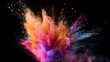 Explosion of colored powder on black background. Abstract closeup dust on backdrop